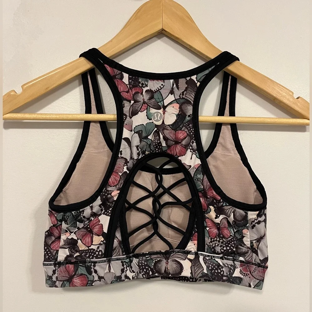 Lululemon Sweaty Or Not Bra II So Fly Butterfly Angel Wing Multi/Black 6